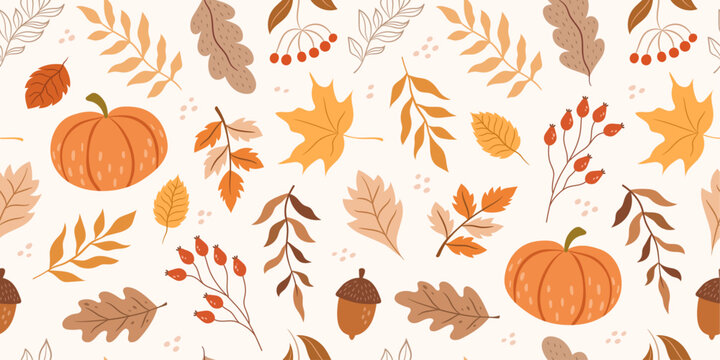 Seamless autumn pattern with pumpkins, leaves, acorns, plants