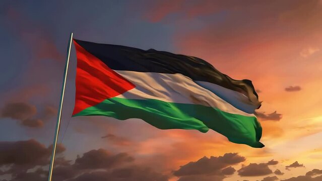 The Palestinian flag waving in the wind against an orange dramatic sunset sky