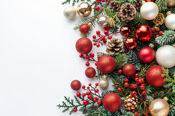 Christmas white background, flat lay copy space backdrop with Christmas decorations