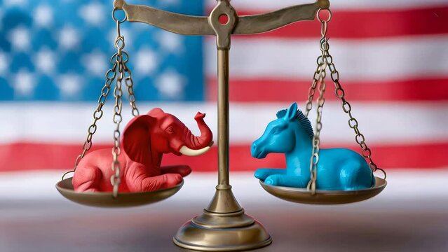 A balanced brass scales showcasing a red elephant and a blue donkey, symbols for the American Republican and Democrat parties, against a waving US flag background