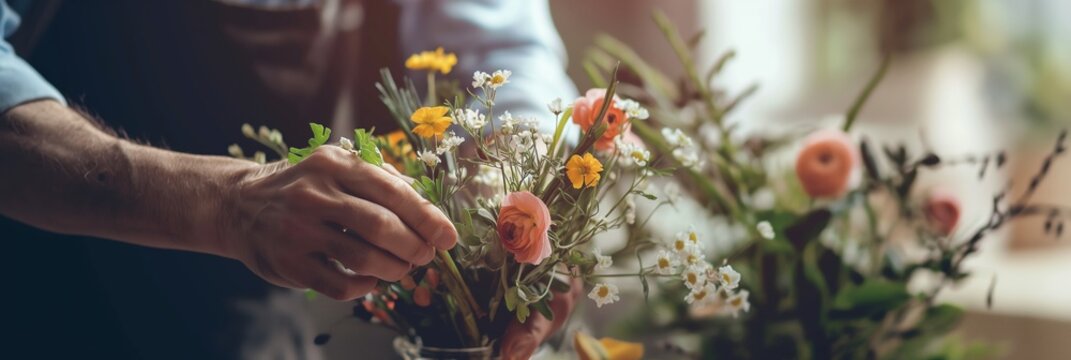 Person arranging flowers in glass vase with green foliage and various colorful blooms banner