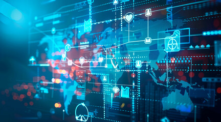 Healthcare business growth graph with global health network connection service on virtual screen. Medical technology and tourism, telemedicine, virtual hospital, healthcare and medicine background