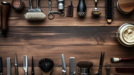 Classic Barbershop Tools and Grooming Accessories on Wooden Background. Vintage Shaving Kit and Grooming Essentials on Rustic Wood Surface