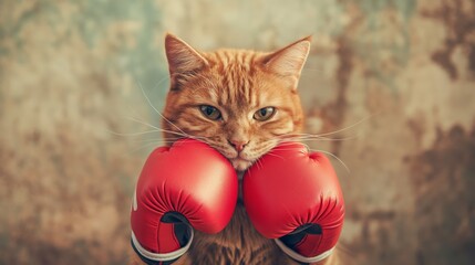 Cat Wearing Red Boxing Gloves. Adorable Cat Dressed as a Boxer