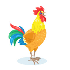 Beautiful rooster is crowing. Isolated on white background. Vector flat illustration.