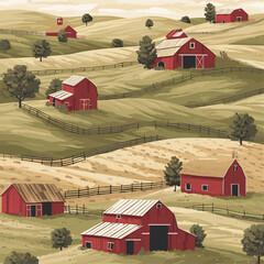 A seamless pattern of a tranquil countryside landscape with rolling hills, red barns, farmhouses, and scattered trees. The illustration showcases the peacefulness of rural farm life with green and gol © Artist Protap