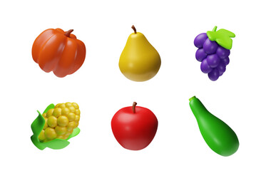 Vector 3D image of pumpkin, corn, apple, squash, grapes and pears on a white background