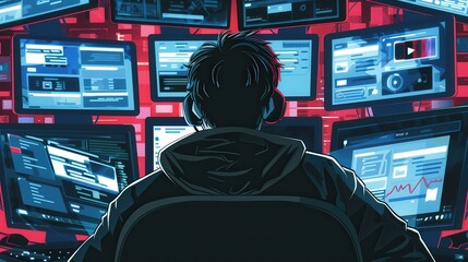 Hacker Surrounded by Multiple Monitors in Dark Room