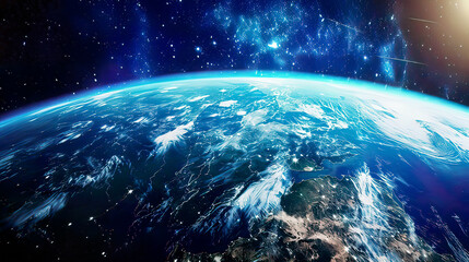 Obraz premium Ultra-detailed view of planet Earth from space showcasing realistic earth surface and world map outer space perspective blue and green hues starry 