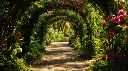 Sunlit garden pathway under floral arches, surrounded by lush greenery and vibrant flowers