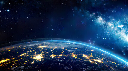 Obraz premium Ultra-detailed view of planet Earth from space at night with bright city lights visible realistic surface textures colors starry backdrop soft and precise lighting