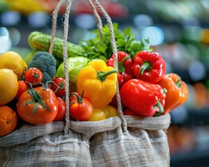 Grocery bag filled with nutritious foods in a supermarket, featuring colorful fruits and vegetables Bright, inviting imagery
