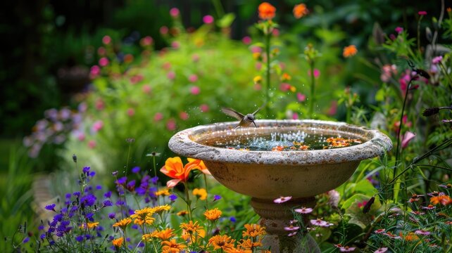 Hummingbird hovering above stone birdbath in colorful garden
