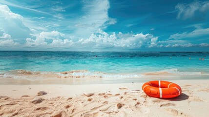 Obraz premium Scenic view of sandy beach with lifebuoy and turquoise sea under cloudy sky