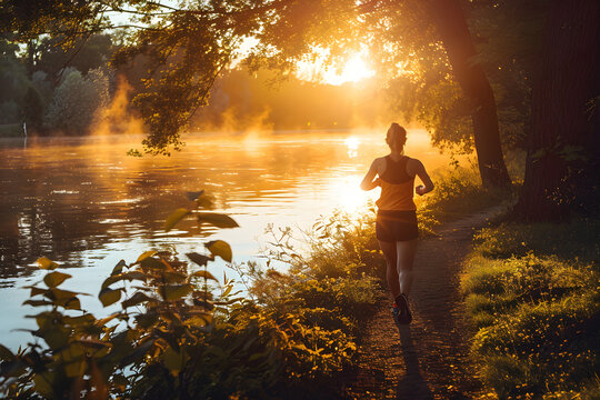 A dynamic photo of a woman jogging along a scenic trail with the first light of dawn breaking through the trees, creating a serene and energetic morning workout scene
