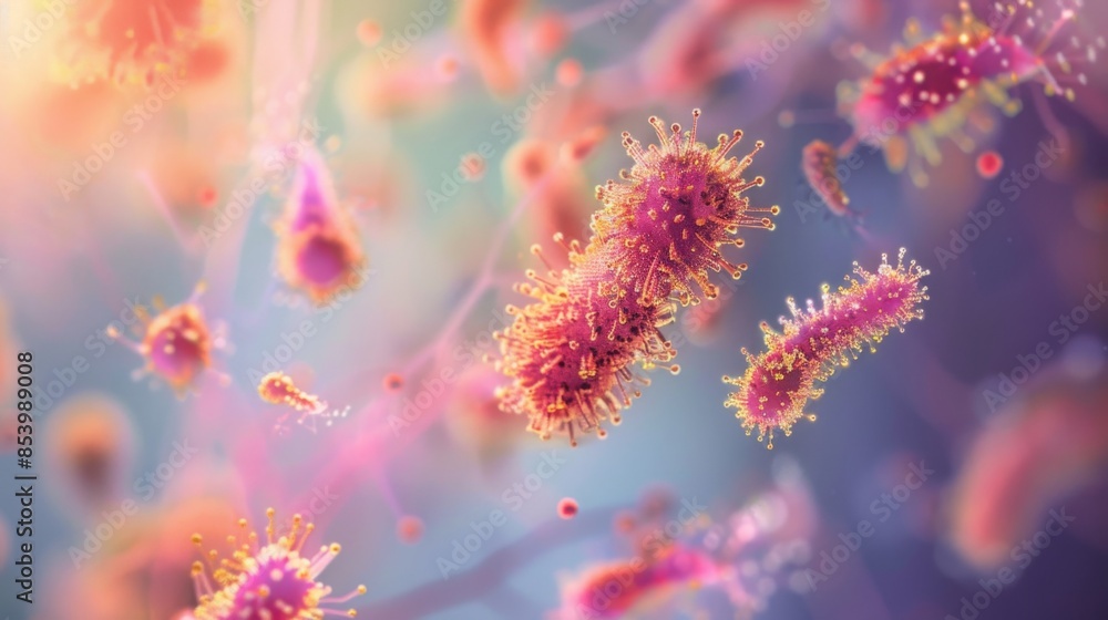 Poster a colorful microscopic image of pink bacteria floating in a cloudy, pink and blue background.