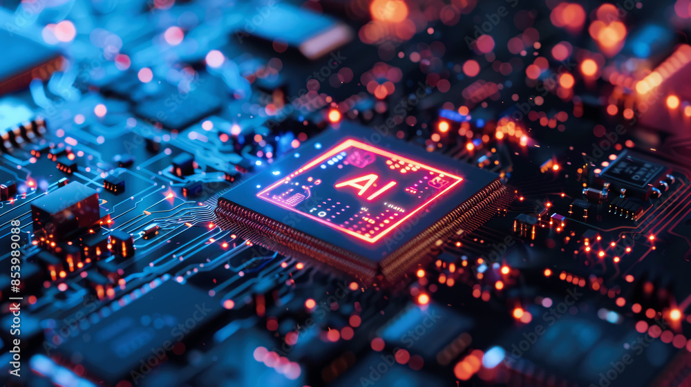 Poster artificial intelligence and ai technology concept processor chip or mother board background llms
