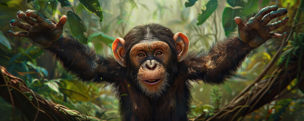 Obraz premium A mischievous chimpanzee swinging from branch to branch in a lush jungle.