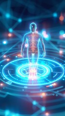 Fototapeta premium Futuristic digital rendering of a human figure with glowing circuits, showcasing advanced technology and human body innovation.