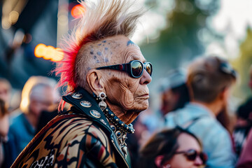 Obraz premium Old woman with mohawk at rock festival
