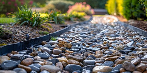 Obraz premium French drainage system with stones gravel and pipes for effective water drainage. Concept French Drainage System, Stones as Base, Gravel Layer, Drainage Pipes, Effective Water Management