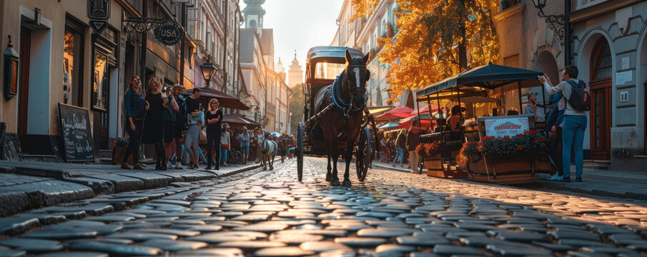 A horse-drawn carriage clopping through a cobblestone street, tourists snapping photos.