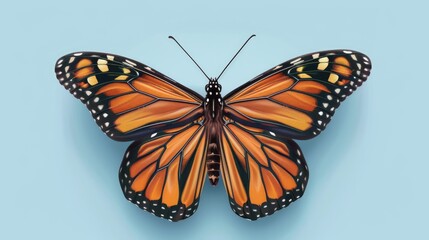 Obraz premium A digital illustration of a butterfly, its wings intricately detailed, floating gracefully on a serene blue background.