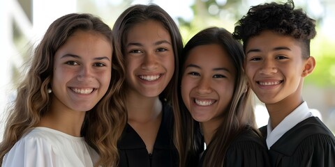 Obraz premium Group of students in graduation attire educational achievement celebration diverse classmates. Concept Graduation Photoshoot, Celebrating Achievement, Diverse Classmates, Educational Milestone