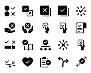 Glyph icons set for Choice accepted, checkmark, validation, check.
