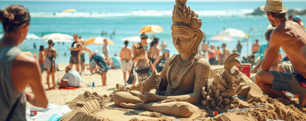 A street artist creating intricate sand sculptures on a crowded beach, drawing admiration from onlookers.