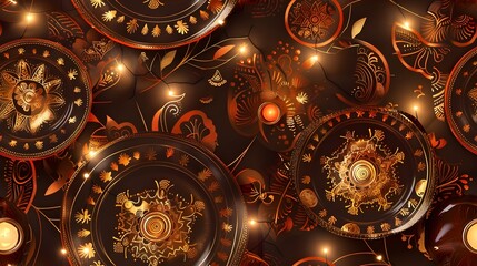 Exquisite Diwali Thali Adorned with Mandala Designs and Gleaming Brass Accents in a Warm Ambient Setting