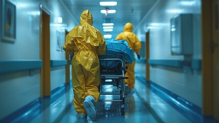 Healthcare workers in protective gear rush down a hospital corridor with an empty stretcher