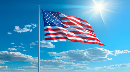 Fototapeta premium bandera de estados unidos en lo alto del asta con un cielo soleado atras libertad y justicia dia de la independencia de los estados unidos de america 4 de julio pais democrata