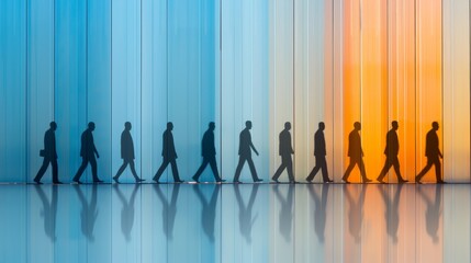 Silhouettes of people against the illuminated backdrop