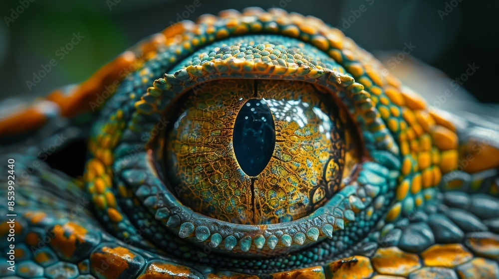 Poster detailed macro shot highlighting the intricate textures and patterns in a reptile's eye reflecting n