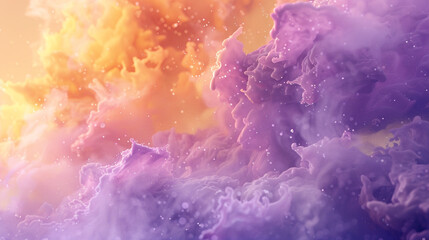 Paint a serene watercolor scene with cloud-like formations in purple, orange, ochre, and gold, fading to a near-white background