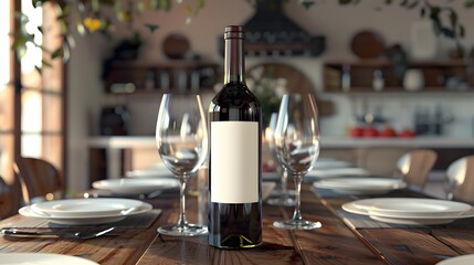 Blank Label Wine Bottle: A wine bottle with no label on a dining table.