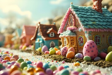 A small house surrounded by colorful candy eggs on the ground.

