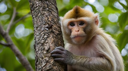 Naklejka premium The white-tailed macaque was settling forward in the tree