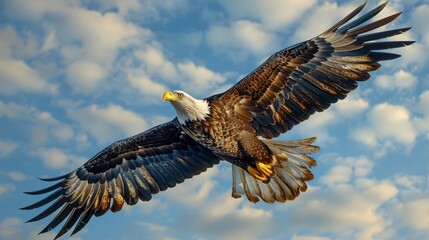 Obraz premium A stunning bald eagle with spread wings soars against a backdrop of a cloudy sky, showcasing its freedom and strength