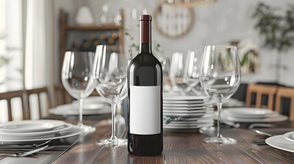 Blank Label Wine Bottle: A wine bottle with no label on a dining table.