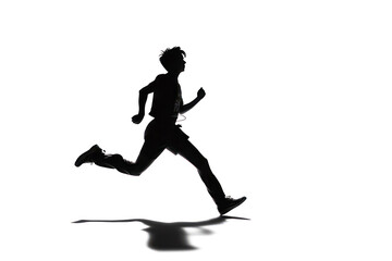 A man is running on a white background. He is wearing a black shirt and black shorts