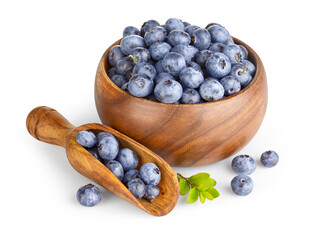 Organic blueberry in natural wooden bowl and scoop. Fruity Berry still life. Healthy eating, fresh blueberries green leaves harvest isolated on white background.