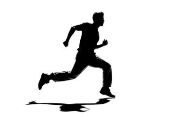 A man is running on a white background. He is wearing a black shirt and black shorts