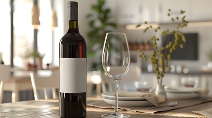 Blank Label Wine Bottle: A wine bottle with no label on a dining table.