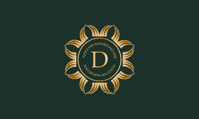Heraldic or decorative luxury logo template with letter D in center and space for text. Good for restaurant, royalty, boutique, hotel, jewelry, fashion, etc.