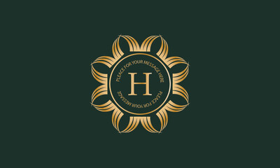 Heraldic or decorative luxury logo template with letter H in center and space for text. Good for restaurant, royalty, boutique, hotel, jewelry, fashion, etc.
