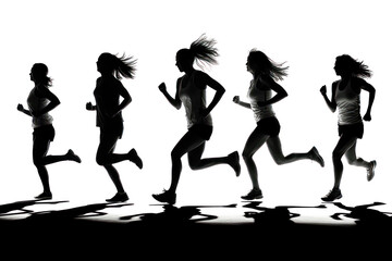 Obraz premium A group of women are running in a colorful line. The women are wearing different colored outfits, and they are running in different directions. Concept of energy and movement