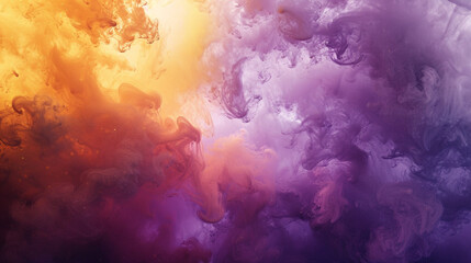 Paint an ethereal watercolor with deep, cloud-like formations in purple, orange, ochre, and gold, fading into a light background.