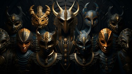 Fototapeta premium A collection of horned masks in various colors and designs.